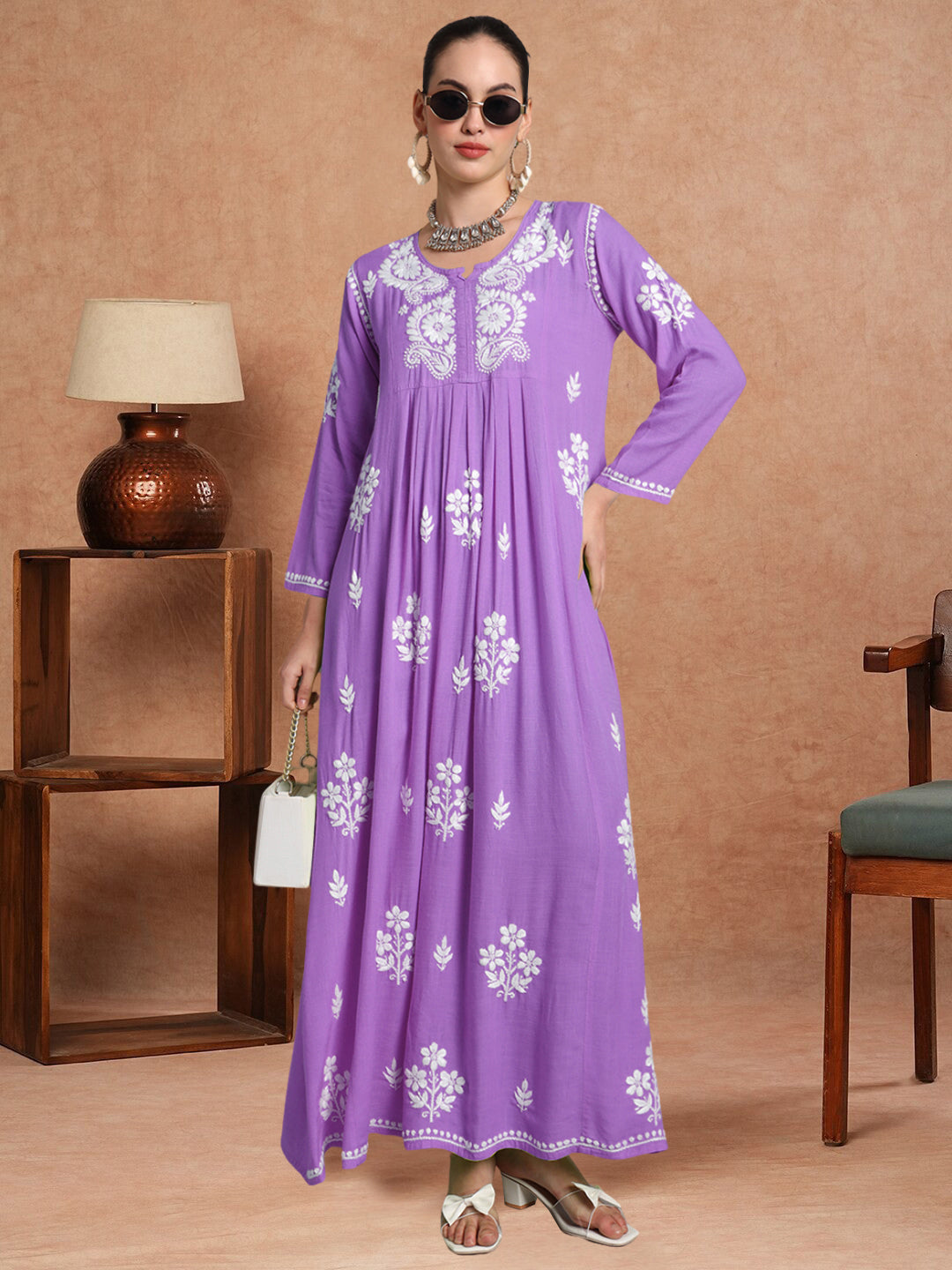 Hand Embroidered Chikankari A-Line Gathering Pattern Rayon Jalabiya-AL4012 Purple