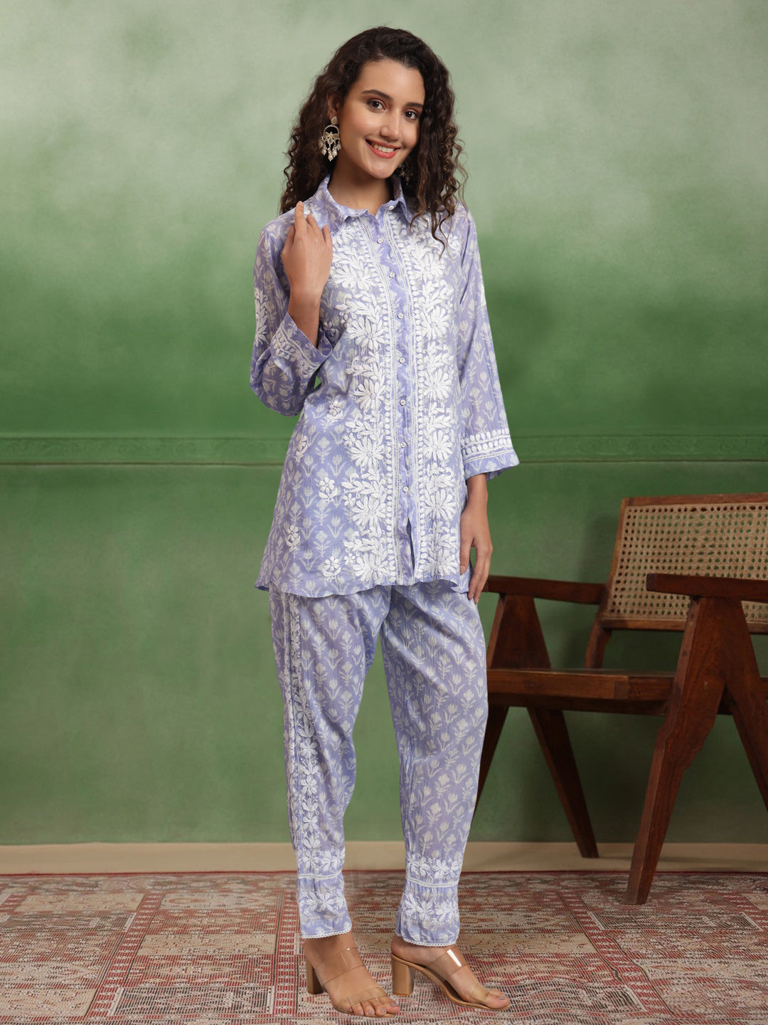 Women Chikankari Printed Mulmul Co-Ord Set for Women-AL4054