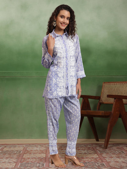 Women Chikankari Printed Mulmul Co-Ord Set for Women-AL4054