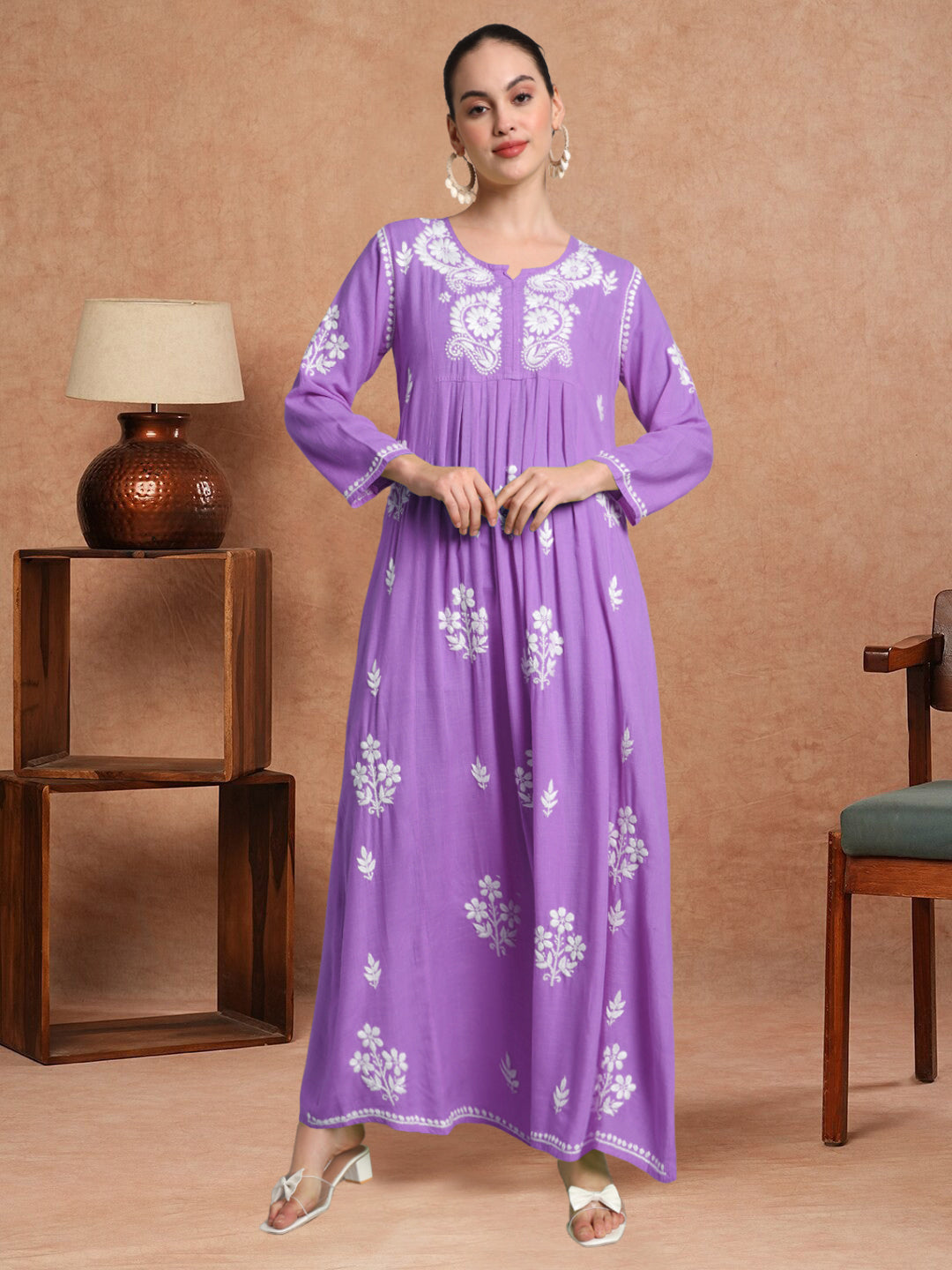 Hand Embroidered Chikankari A-Line Gathering Pattern Rayon Jalabiya-AL4012 Purple