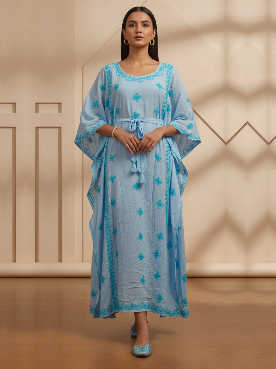 Hand Embroidered Chikankari Modal Kaftan-AL3604A Denimandturquoise