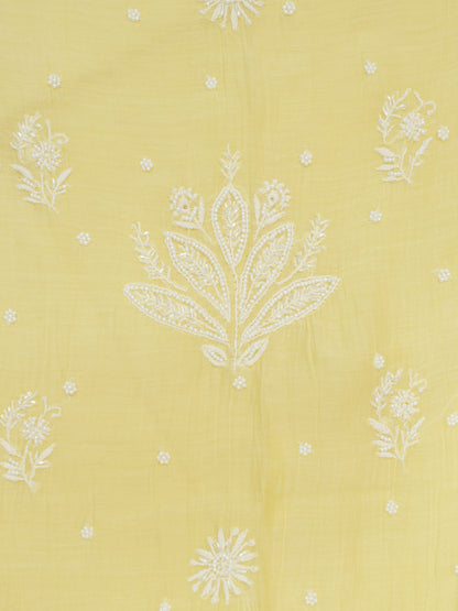 Women Hand Embroidered Premium Chikankari Mul Chanderi Unstitched Kurta Dupatta Bottom Set-ALSCA85201FS Yellow