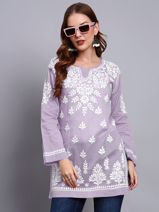 Women Hand Embroidered Chikankari Mulmul Short Top -AL3724 Mauve