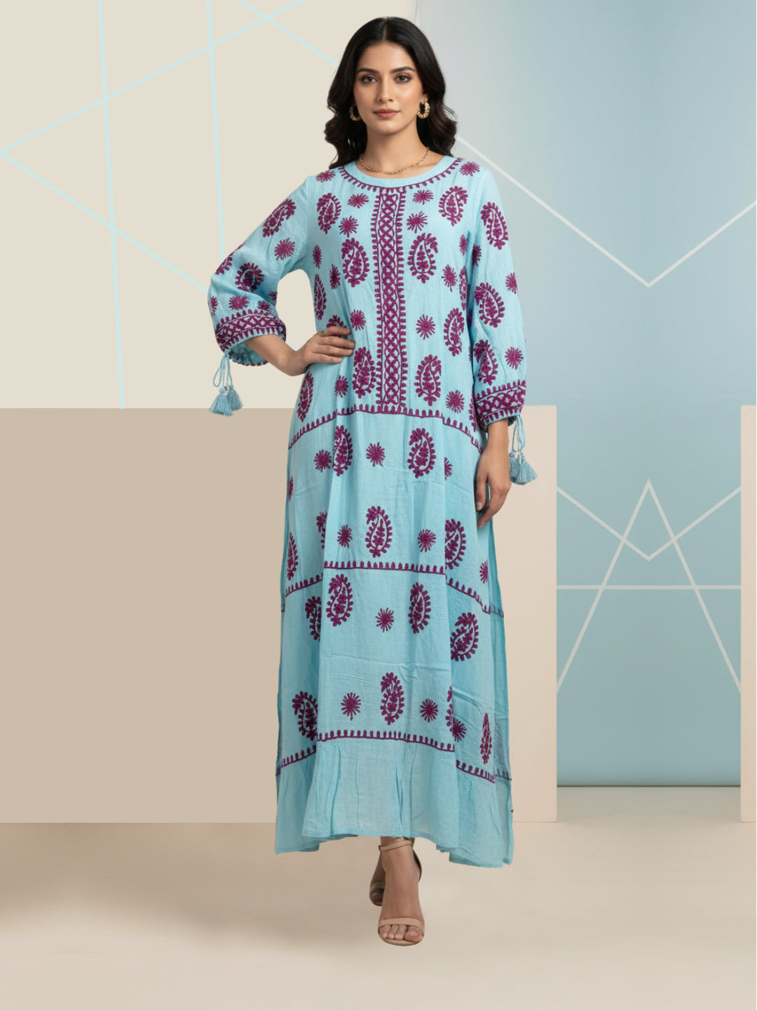 Hand Embroidered Chikankari Rayon Jalabiya-AL4048 Blue