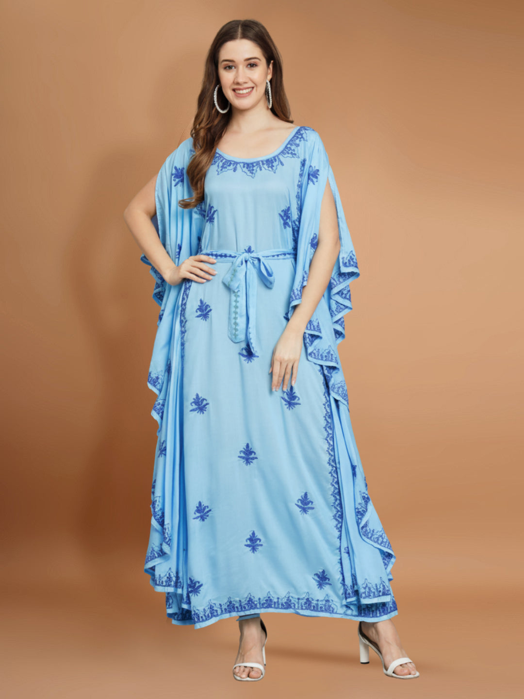 Hand Embroidered Chikankari Modal Kaftan-AL3604A Skyblueandroyalblue
