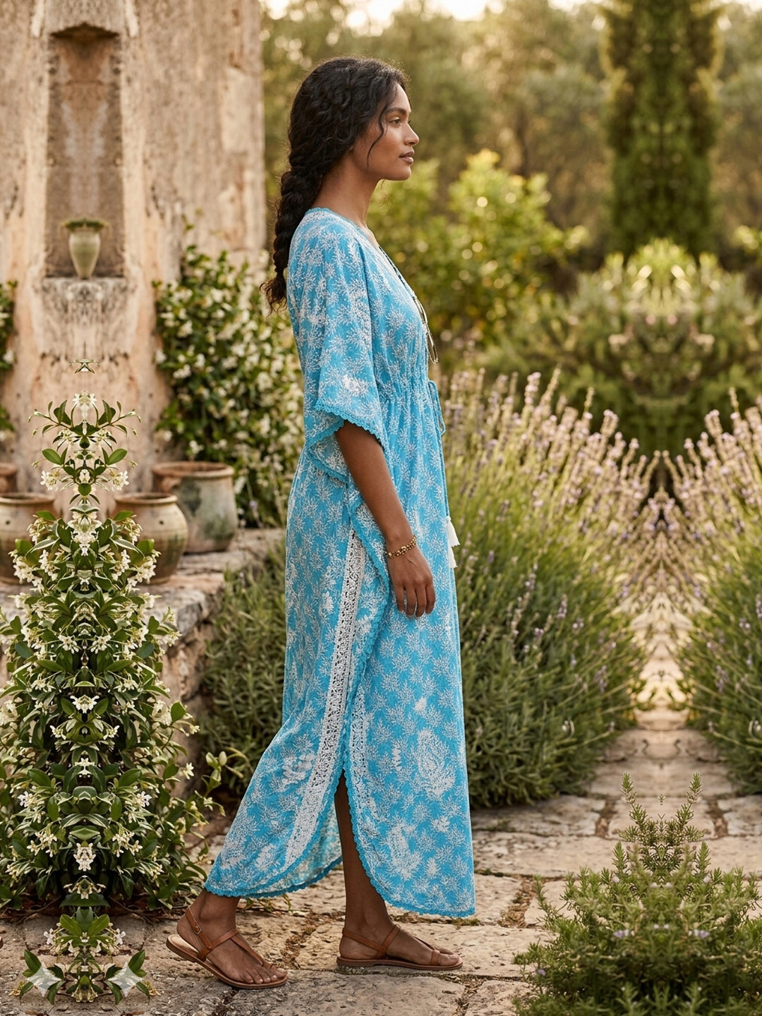 Hand Embroidered Chikankari Cotton Kaftan-AL3833 New Turquoise