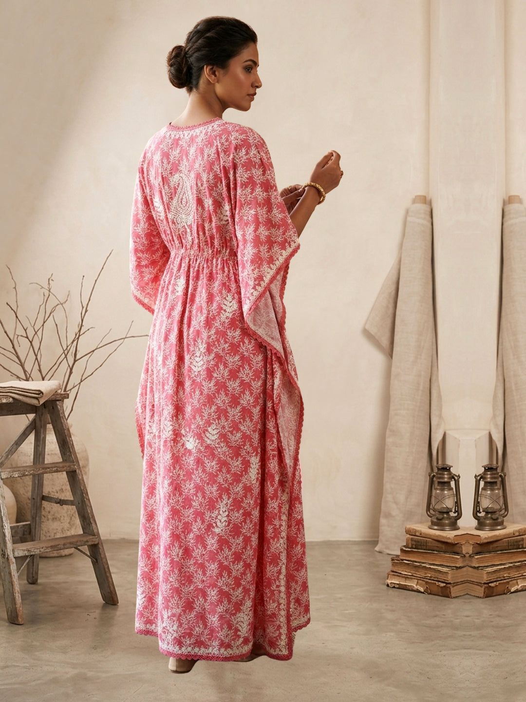 Hand Embroidered Chikankari Cotton Kaftan-AL3833 New Coral