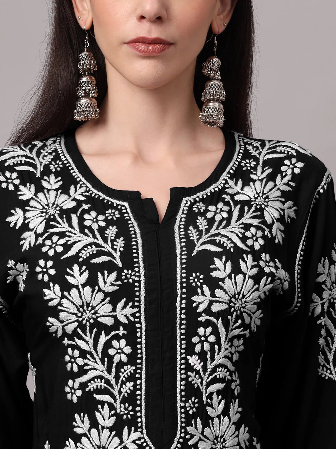 Women Hand Embroidered Modal Chikankari Kurta-AL4059 Black
