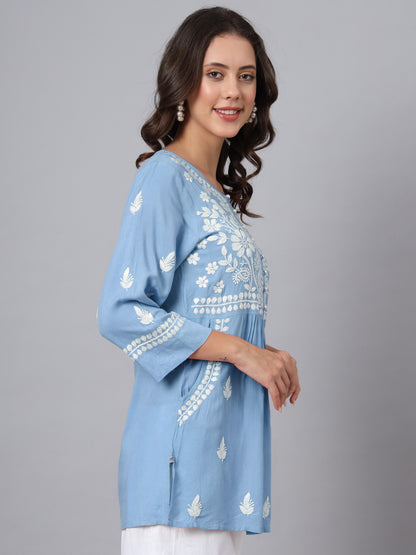 Women Hand Embroidered Chikankari Rayon Kurti with Pockets-AL3696 Blue