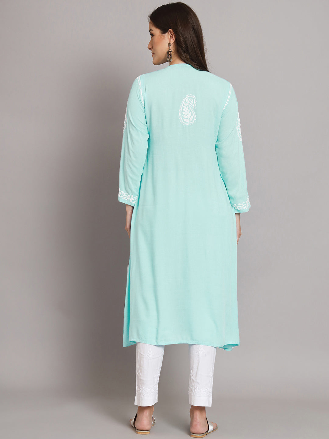 Women Hand Embroidered Chikankari Rayon Kurta-AL3549 Seagreen