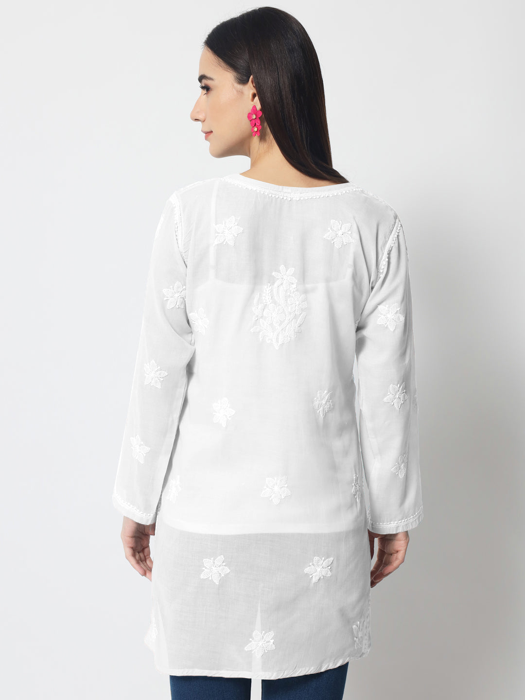 Hand Embroidered Chikankari Cotton Straight Tunic-AL3591 White
