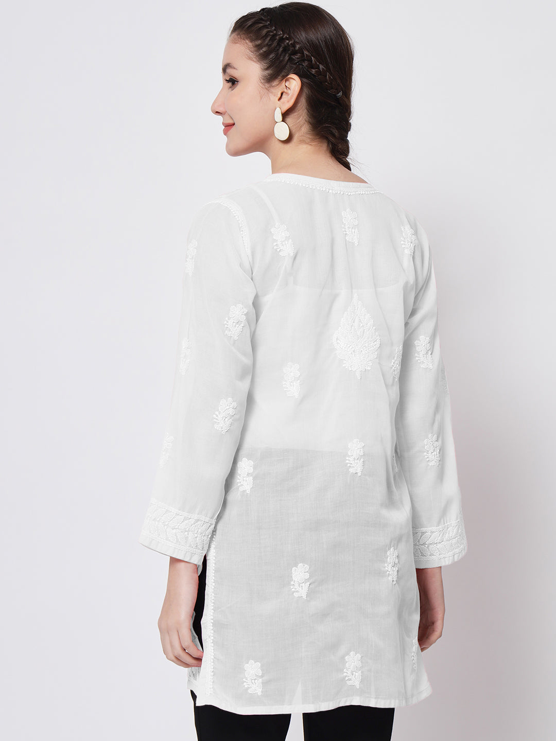 Hand Embroidered Chikankari Cotton Straight Kurti-AL3595 White
