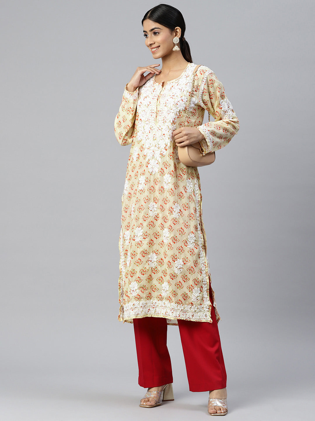 Women Hand Embroidered Chikankari Cotton Kurta-AL3649 Beige