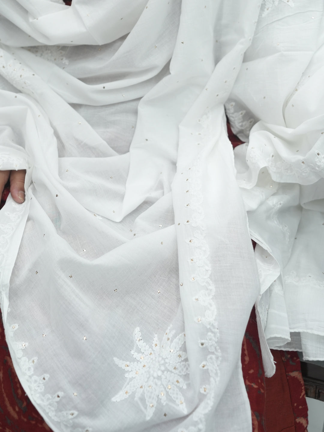 Women Hand Embroidered Mulmul Cotton Mukaish Dupatta-AL4096
