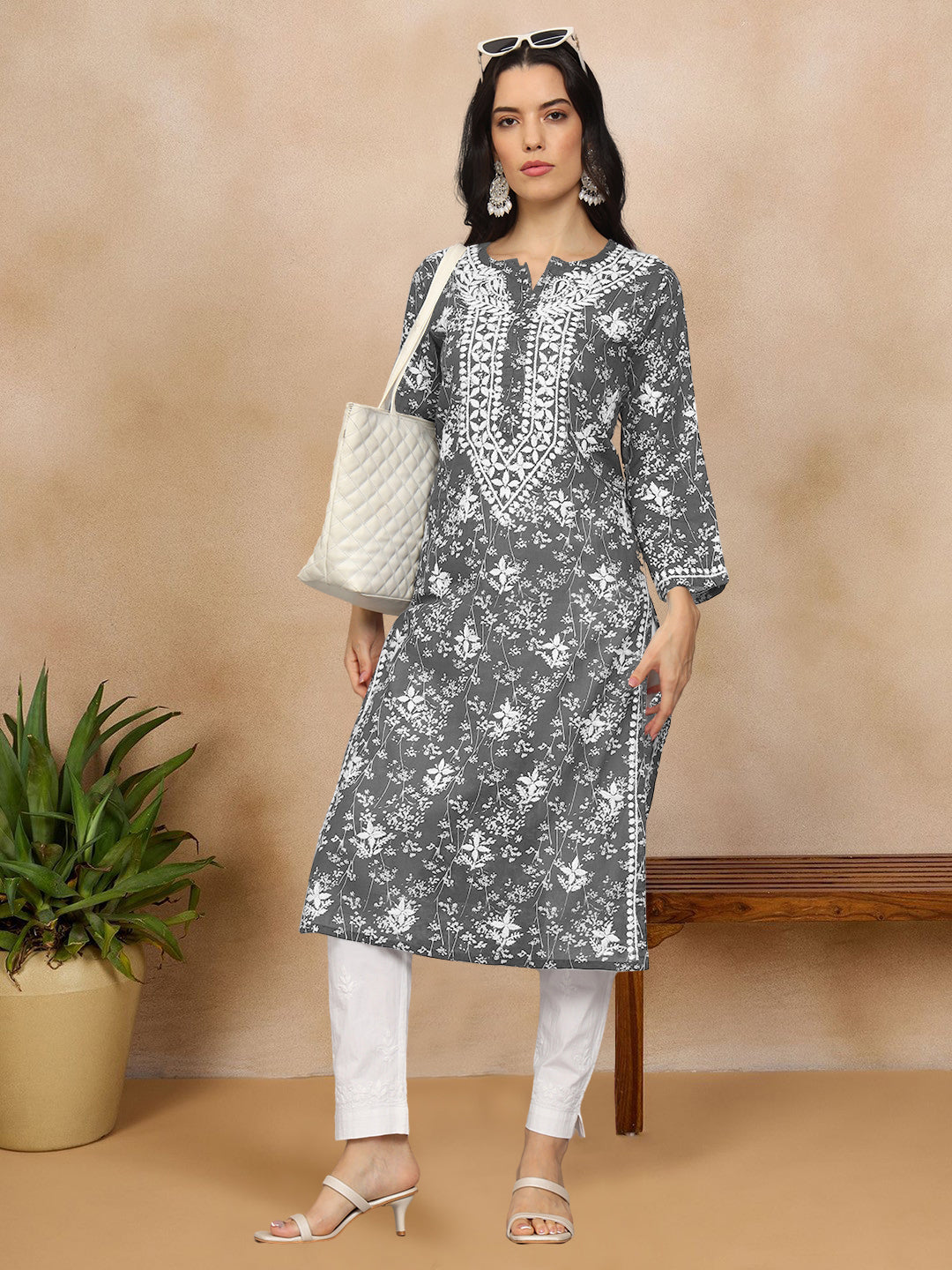 Women Hand Embroidered Chikankari Mulmul Cotton Printed Kurta-AL4041 Grey