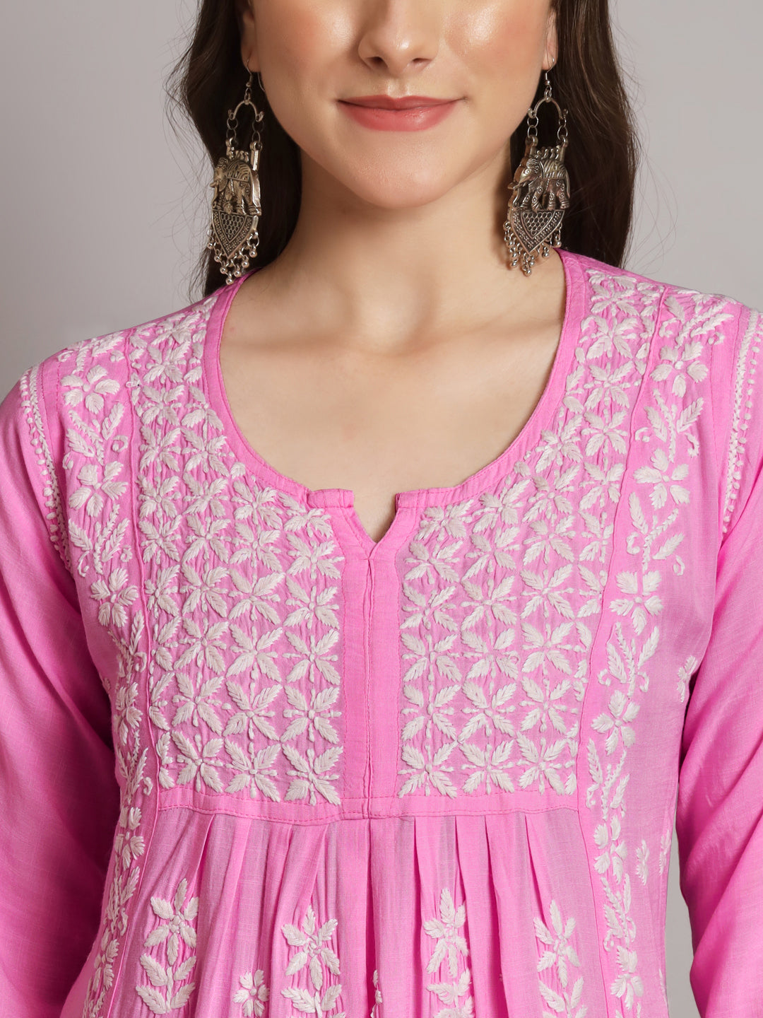 Women Hand Embroidered Chikankari Rayon Kurta-AL3549 Darkpink