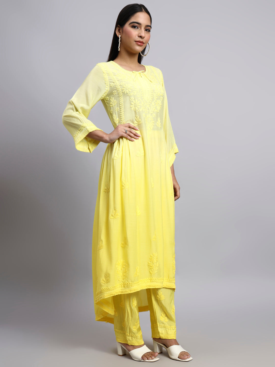Women Hand Embroidered Chikankari Muslin Kurta Set-AL4101KS Yellow