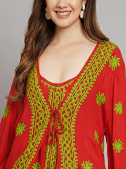 Hand Embroidered Chikankari Modal Kaftan-AL3605A Red