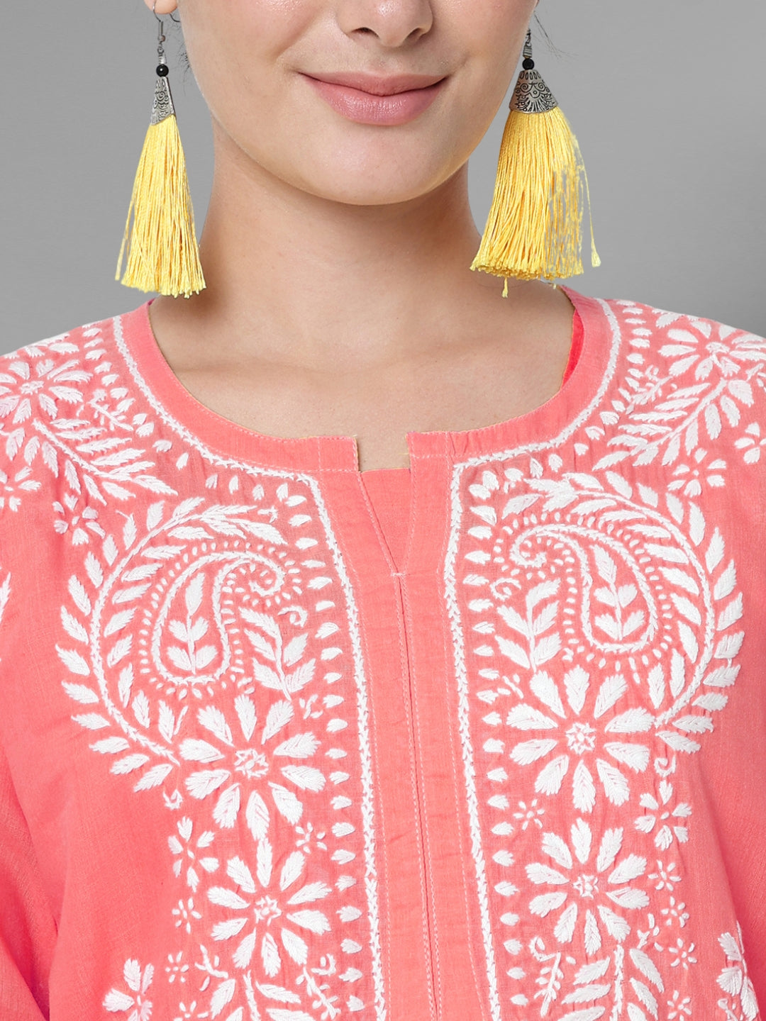 Hand Embroidered Chikankari Cotton Straight Kurta-AL3561 Coral