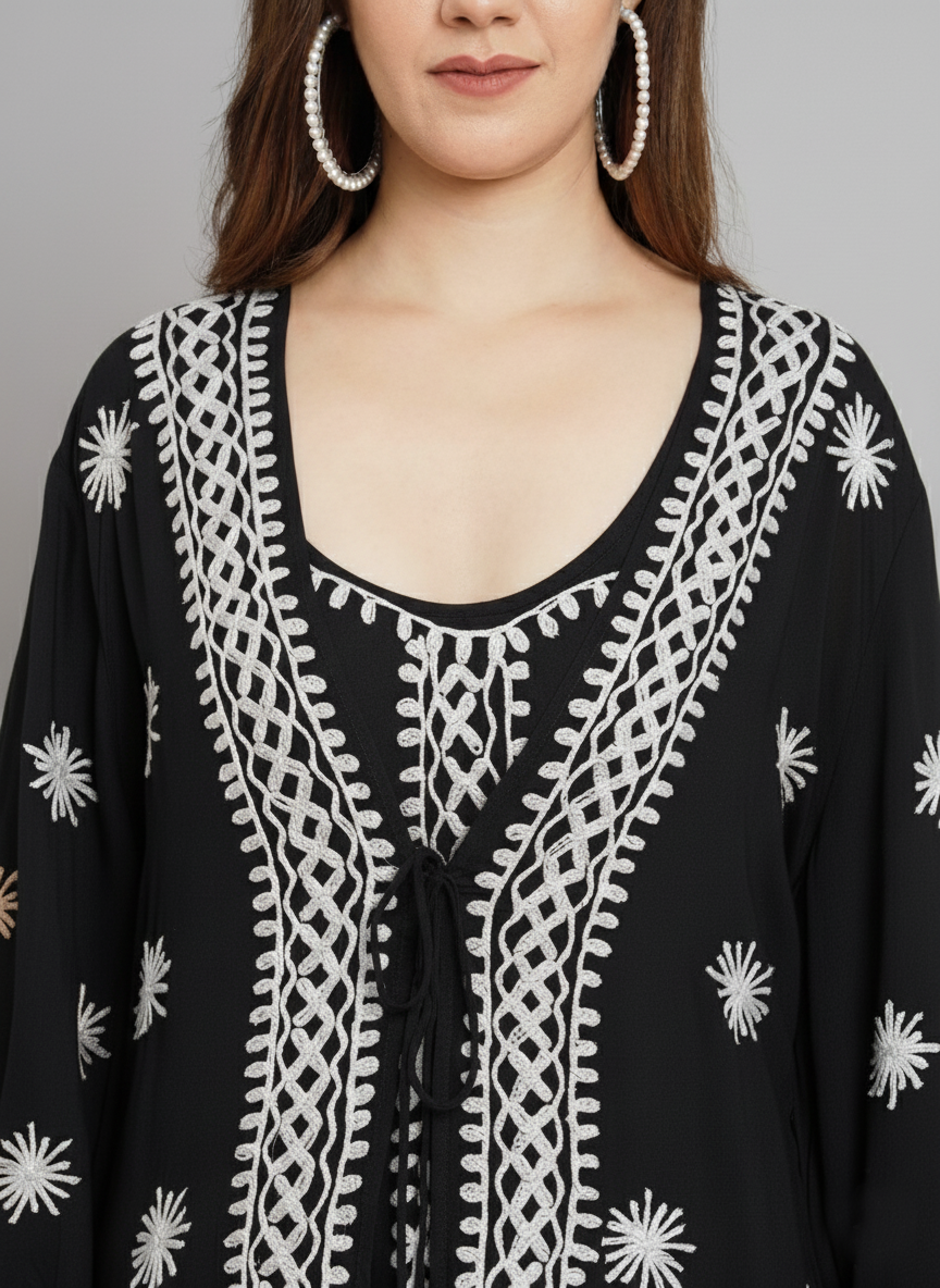 Hand Embroidered Chikankari Modal Kaftan-AL3605A Black&White