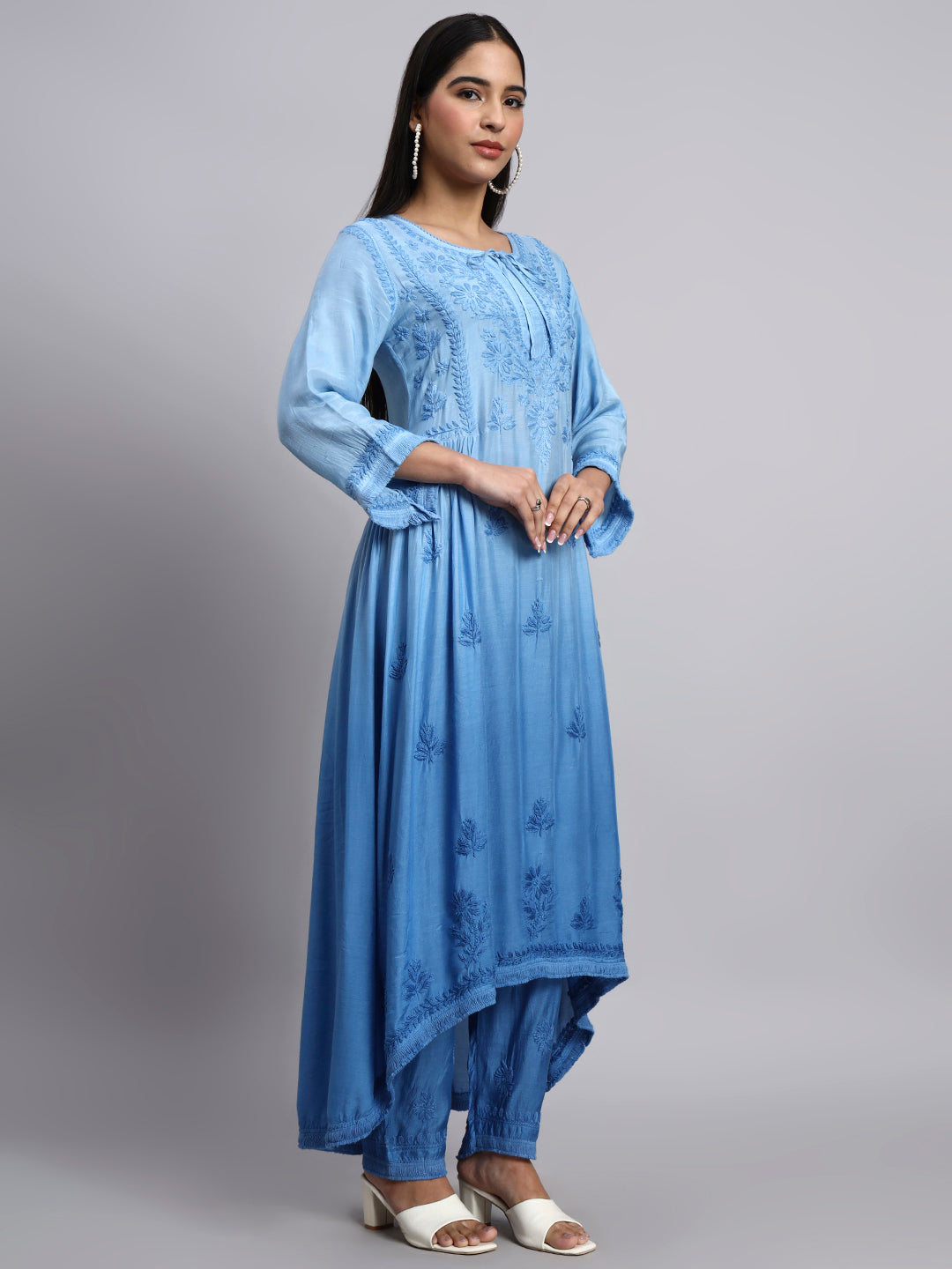 Women Hand Embroidered Chikankari Muslin Kurta Set-AL4101KS Blue