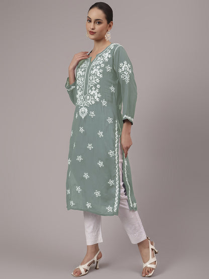 Women Hand Embroidered Chikankari Modal Kurta-AL4059 Light Grey