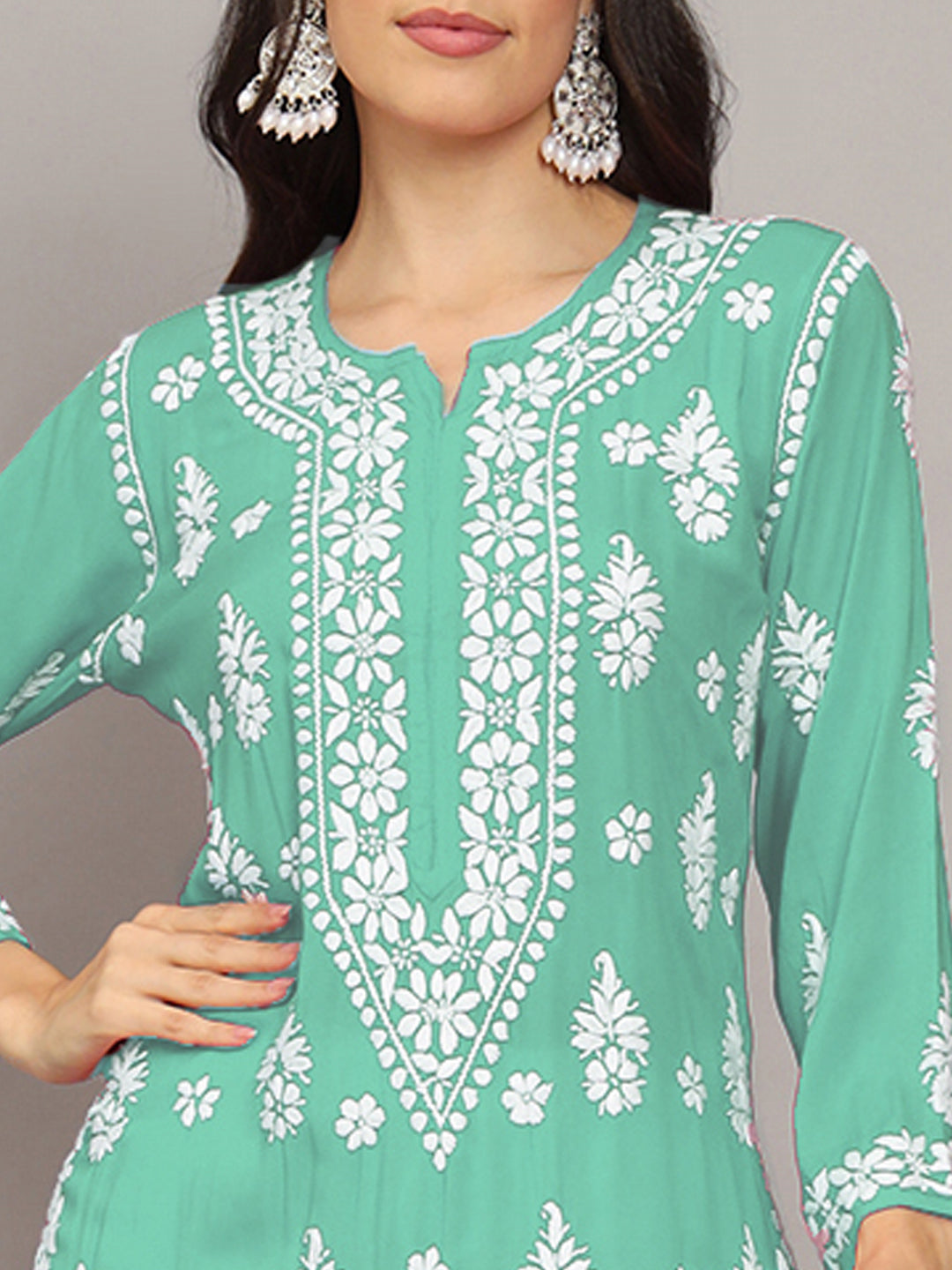 Women Hand Embroidered Chikankari Modal Kurta-AL4042 Sea Green