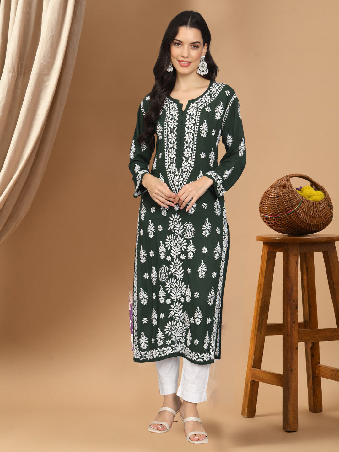 Women Chikankari Hand Embroidered Modal Kurta -AL4042 Darkgreen