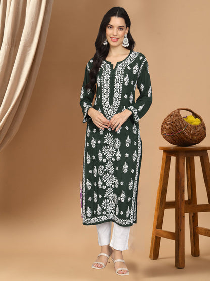 Women Chikankari Hand Embroidered Modal Kurta -AL4042 Darkgreen