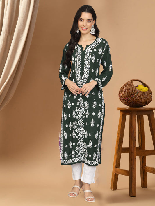 Women Chikankari Hand Embroidered Modal Kurta -AL4042 Darkgreen
