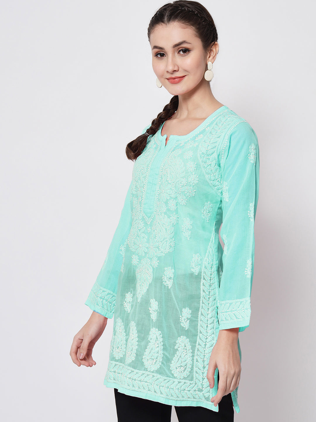 Hand Embroidered Chikankari Cotton Straight Kurti-AL3595 Darkseagreen