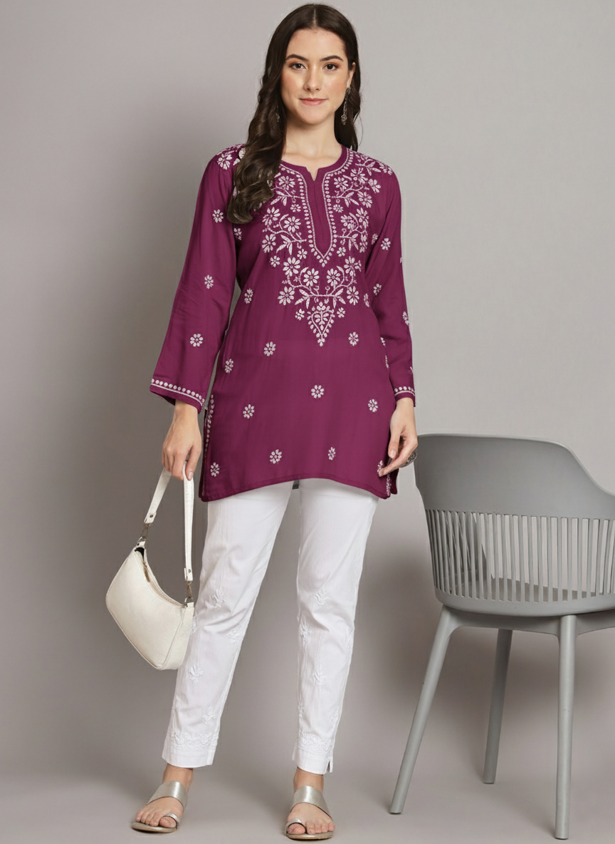 Women Hand Embroidered Modal Chikankari Kurti-AL3611 Burgundy