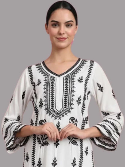 Women Hand Embroidered Lucknowi Chikankari Rayon Kurta Set-AL4078KS White & Black