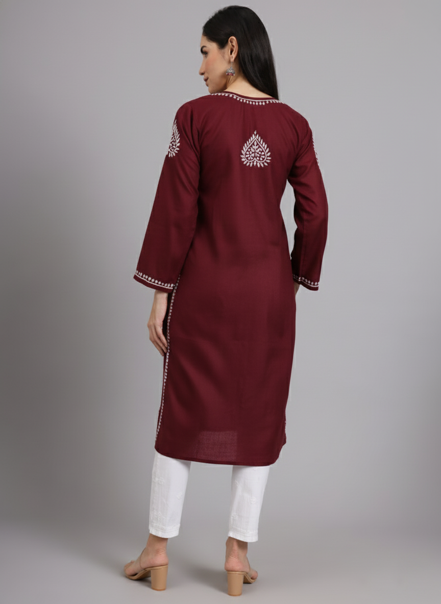 Women Chikankari Hand Embroidered Cotton Kurta -AL3997 Maroon