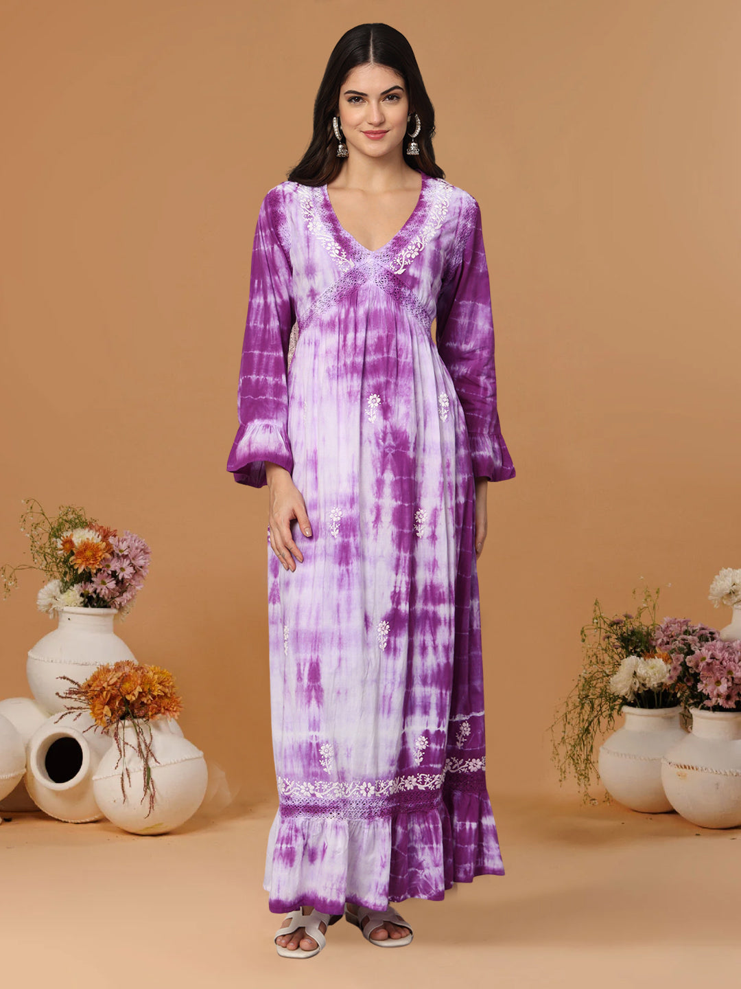 Women Chikankari Hand Embroidered Cotton Jalabiya in Tie-Dye shades-AL2160 Mauve