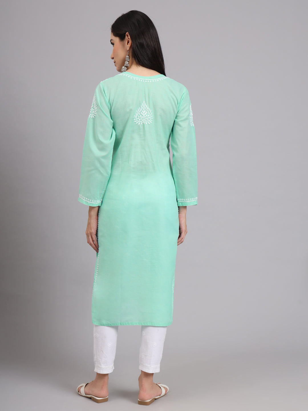 Hand Embroidered Chikankari Cotton Straight Kurta-AL3997 Sea Green