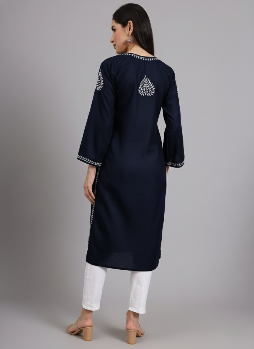 Women Chikankari Hand Embroidered Cotton Kurta -AL3997 Navy