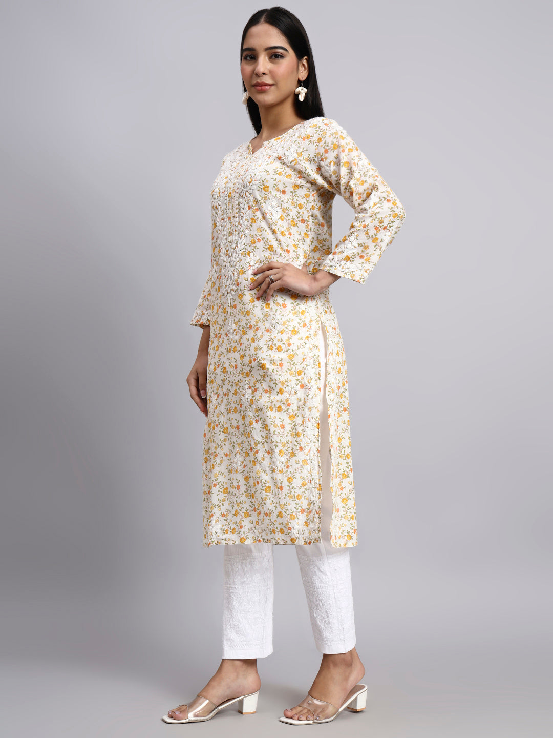 Hand Embroidered Chikankari Cotton Kurta-AL4105 Yellow