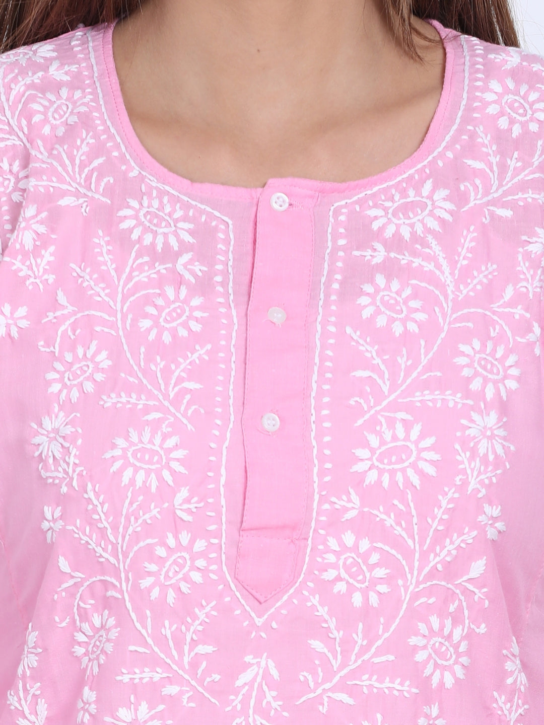 Women Hand Embroidered Chikankari Cotton Kurti-ALSTV115 Pink
