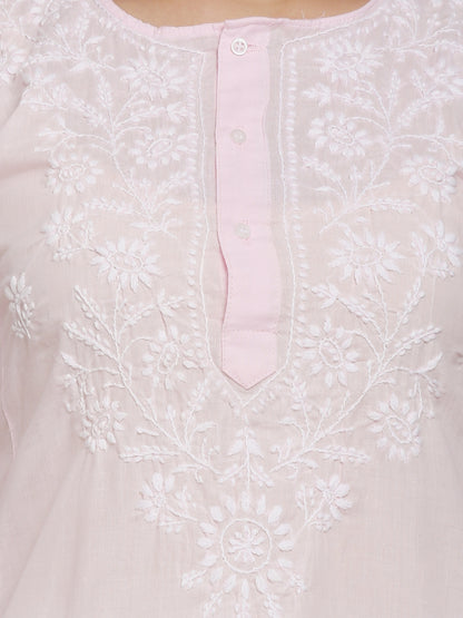Hand Embroidered Chikankari Cotton Straight Kurta --ALNTV115 Babypink
