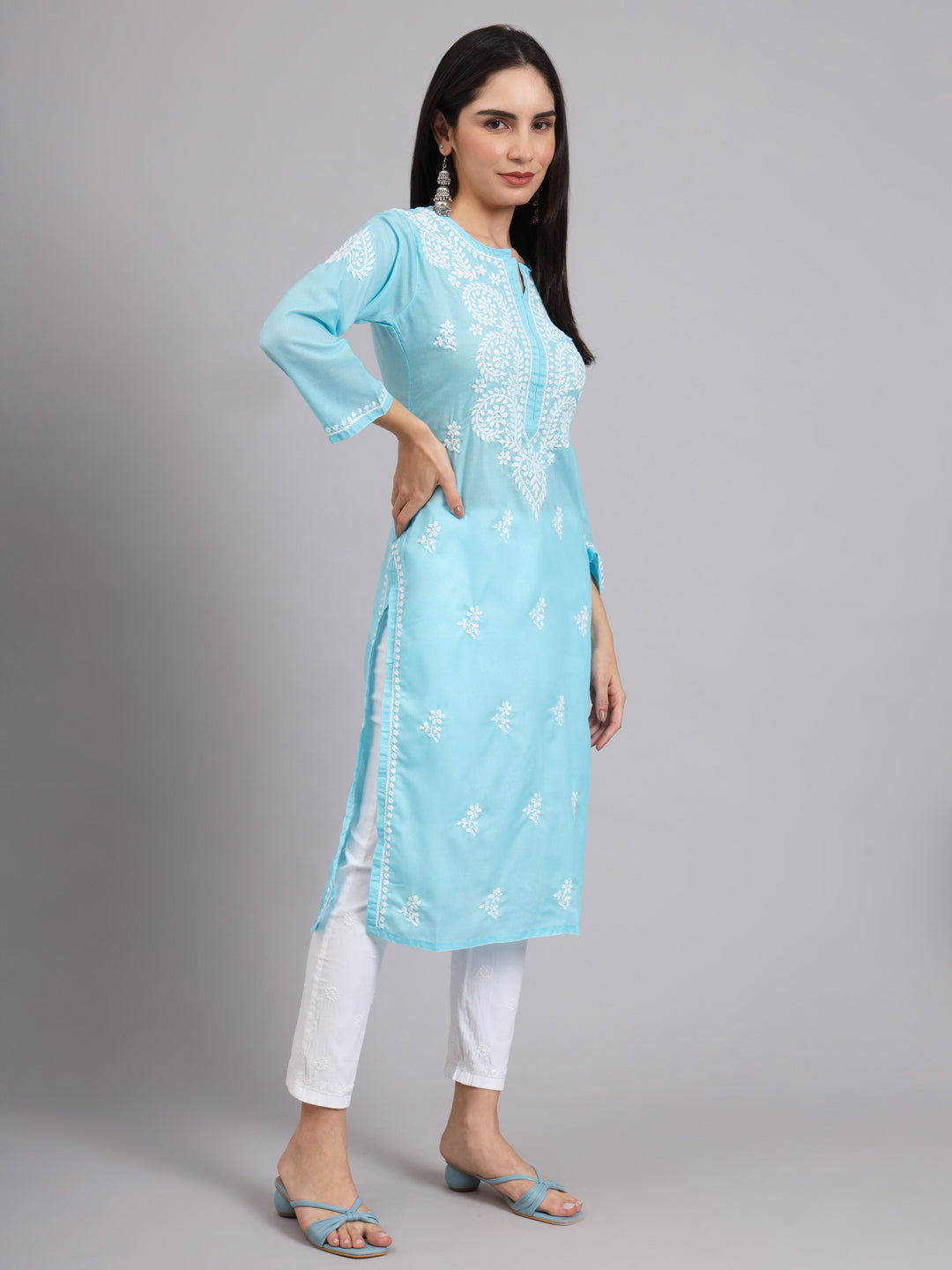 Hand Embroidered Chikankari Cotton Straight Kurta-AL3997 Sky Blue