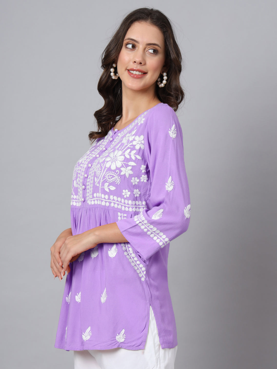 Women Hand Embroidered Chikankari Rayon Short Kurti-AL3696 Mauve