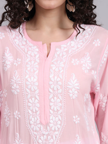 Women Hand Embroidered Chikankari Modal Kurta-AL4042 Pink