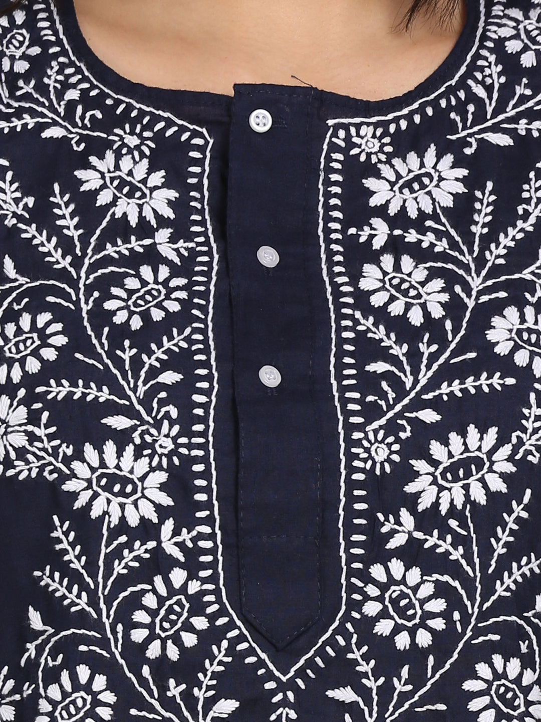 Women Hand Embroidered Chikankari Cotton Kurti-ALSTV115 Navy