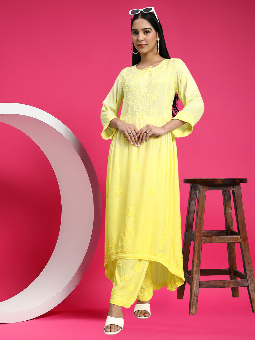 Women Hand Embroidered Chikankari Muslin Kurta Set-AL4101KS Yellow