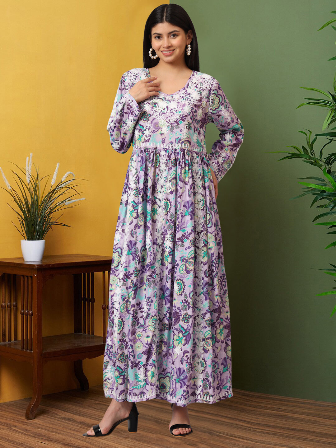 Hand Embroidered Lucknowi Chikankari  Printed Mulmul Cotton Jalabiya-AL3936 Mauve & Blue