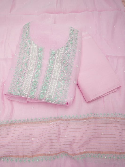 Women Hand Embroidered Premium Chikankari Mul Chanderi Unstitched Kurta Dupatta Bottom Set-ALSCA85201FS Pink