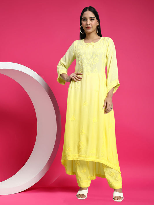Women Hand Embroidered Chikankari Muslin Kurta Set-AL4101KS Yellow