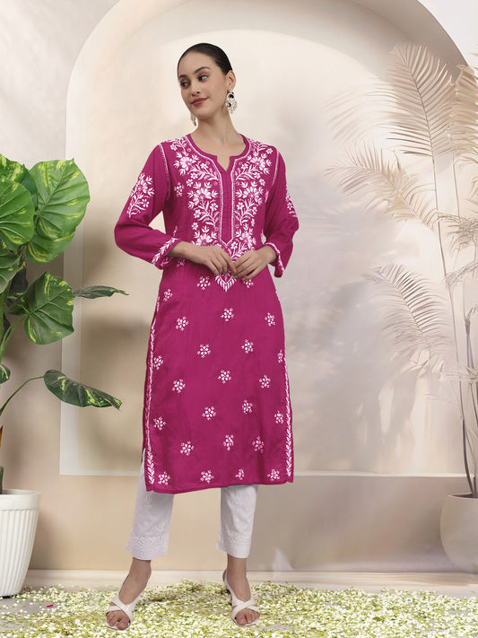Women Hand Embroidered Chikankari Modal Kurta-AL4059 Magenta