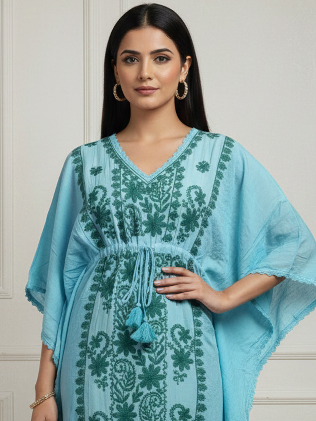 Hand Embroidered Chikankari Rayon Kaftan-AL3475 Ramagreen